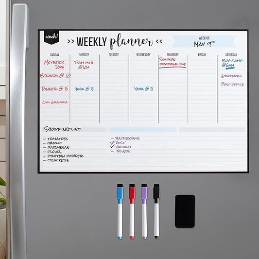 Cinch! 19x13-Inch Magnetic Whiteboard for Fridge - Weekly Calendar and Meal Planner - Stain Resistant Dry Erase Board with 4 Fine Tip Markers and Eraser - Magnetic Weekly Planner for Easy Scheduling