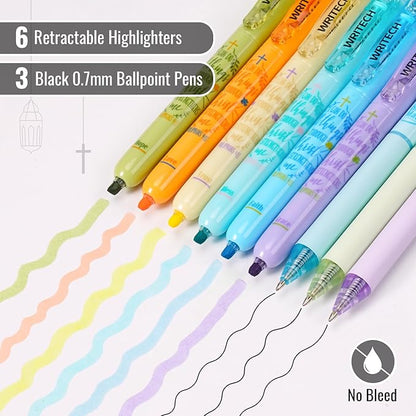 WRITECH Bible Mate Journaling Set: No Bleed Bible Highlighters & 0.7mm Black Ink Ballpoint Pens, Fast-Drying Ink, Pastel Colors Highlighter, Journaling Kit, 9ct