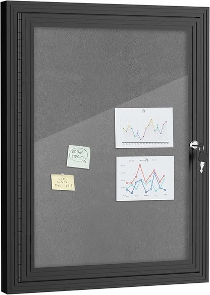 26"x20" Enclosed Bulletin Board, Outdoor Lockable Weather-Resistant Aluminum Cork Noticeboard for School & Office, Black Frame w/Grey Flet