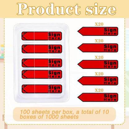 Colarr 10 Pack 1000 Pieces Sign Here Date Tabs Sign Here Date Stickers Flags Please Message Flags for Office Notebook Annotating Books Notary Books(Red,Cute)
