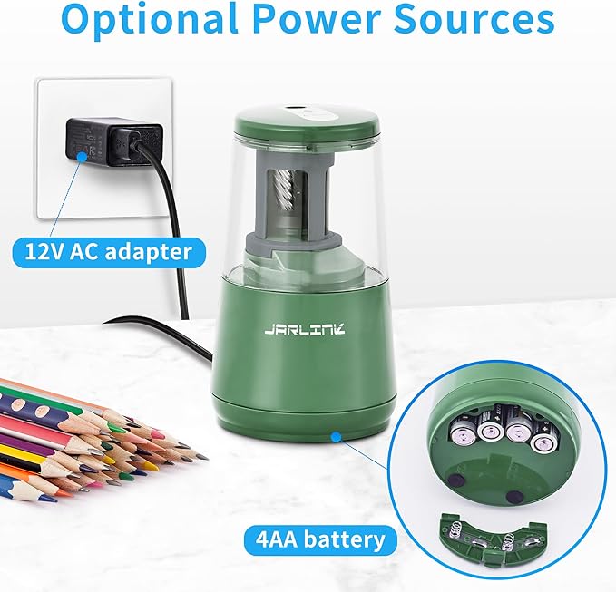 JARLINK Electric Pencil Sharpener, Heavy-Duty Helical Blade to Fast Sharpen, Auto Stop for No.2/Colored Pencils(6-8mm), USB/Battery Operated in School Classroom/Office/Home (Green)