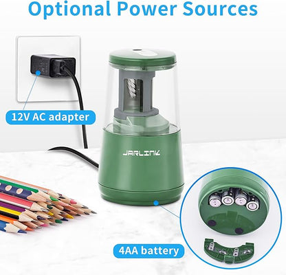 JARLINK Electric Pencil Sharpener, Heavy-Duty Helical Blade to Fast Sharpen, Auto Stop for No.2/Colored Pencils(6-8mm), USB/Battery Operated in School Classroom/Office/Home (Green)