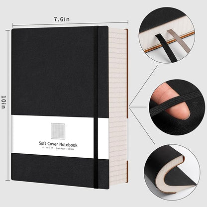 AHGXG Graph Paper Notebook - 320 Pages Grid Paper Notebook Large Journal B5, 100gsm Thick Graph Paper, Leather Softcover, Inner Pocket, 7.6'' X 10''- Black