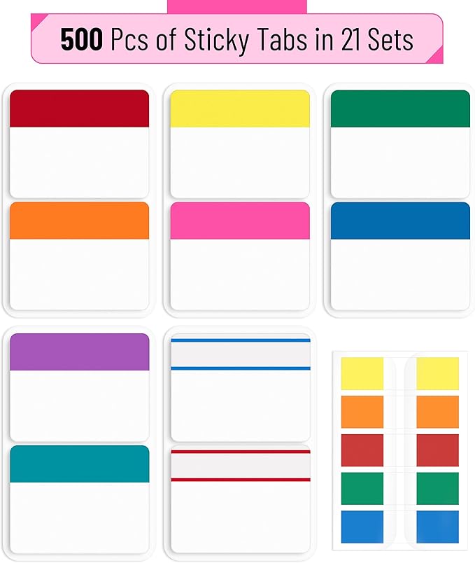 Mr. Pen- Sticky Index Tabs, 500 Pcs, 21 Sets, Colorful Sticky Tabs for Notebooks, Page Markers, Page Tabs for Binders, Page Tabs Sticky Tabs for Books, Notebook Tabs, Book Sticky Tabs for Notebooks