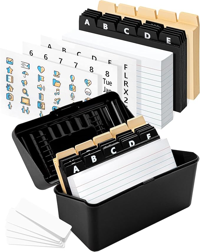 Black Index Card Holder 4x6 - Index Card Box With Index Card Dividers, Ruled Cards & Stickers - Index Card Organizer, Recipe Card Box - Flash Card Holder Box