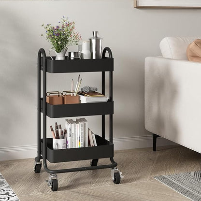 3-Tier Rolling Metal Storage Organizer,Mobile Utility Cart,Kitchen Storage Carts with Caster Wheels,Rolling Utility Cart Suitable for Office,Home,Kitchen,Garden（13.4"x18.1"x31"） Black