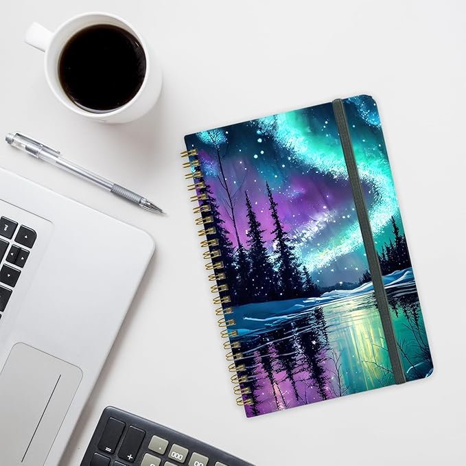 Spiral Notebook - A5 Spiral Notebooks, 8.3'' × 5.8'', 160 Pages, Aesthetic Journaling Notebooks for Women, College Lined Notebook with Elastic Closure, Back Pocket, for School Office, Starlit sky