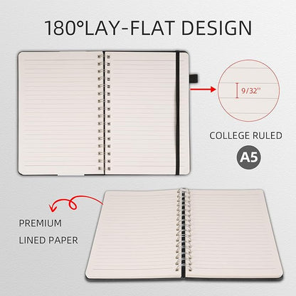 Lined Spiral Notebook Journal for Women Men 160 Pages A5 College Ruled Hardcover Leather with Pen Holder Notebook Journals for Note Taking Work Brown