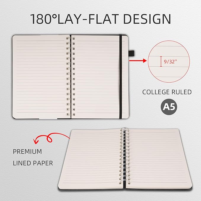 Lined Spiral Notebook Journal for Women Men 160 Pages A5 College Ruled Hardcover Leather with Pen Holder Notebook Journals for Note Taking Work Gray