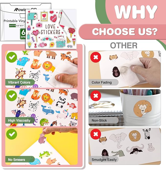 60 PCS Printable Vinyl Sticker Paper for Inkjet Printer & Laser Printer,Standard Letter Size 8.5"x11",Waterproof Sticker Paper Dries Quickly Vivid Colors,Matte White