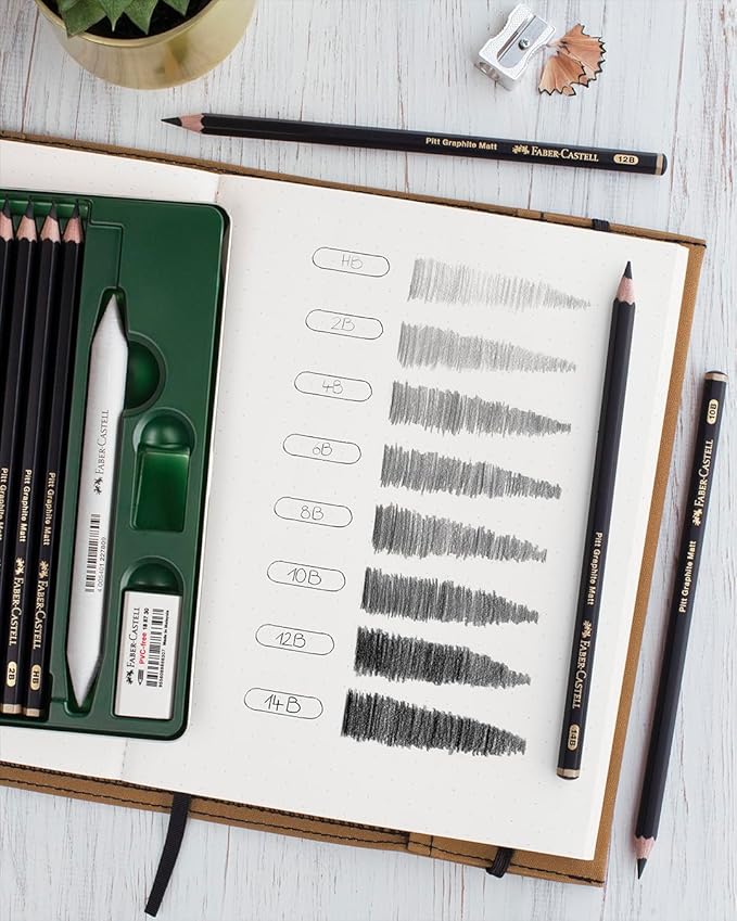 Faber-Castell Pitt Graphite Matt Pencils Set, Includes 3 Pencils HB, 2B, 4B, Rubber Eraser And Pencil Sharpener, Ideal For Artists, For Blending, Shading, Drawing, Graphite, Sketching, Charcoal