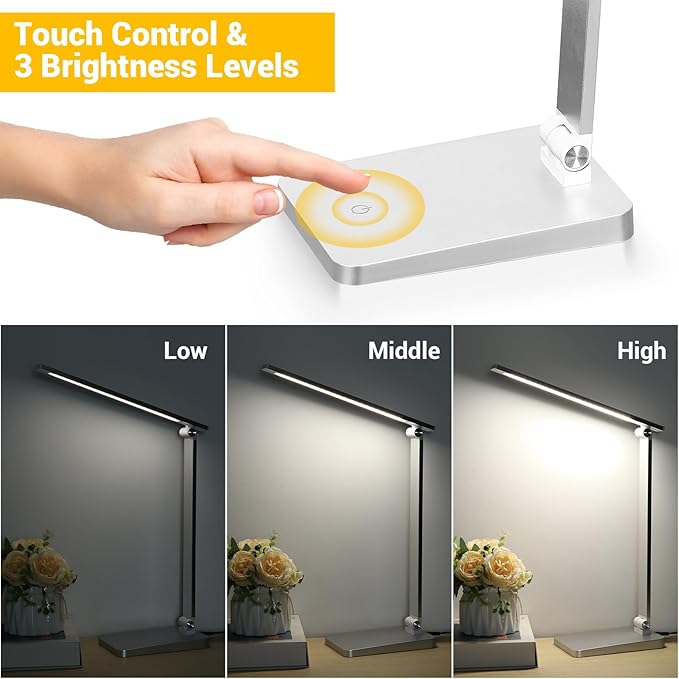 LED Desk Lamp for Home Office, 3 Levels Dimmable Desk Light with USB Charging Port, Small Study Lamp, Reading Light for Table, Silver, 5000K
