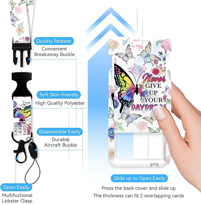 Butterfly flowerBadge Holder with Retractable Reel and Breakaway Lanyard，Badge Clips Retractable Heavy Duty Badge Reel，Funny Keychain，ID Holder with Breakaway Lanyard for School Nurse Office Teen
