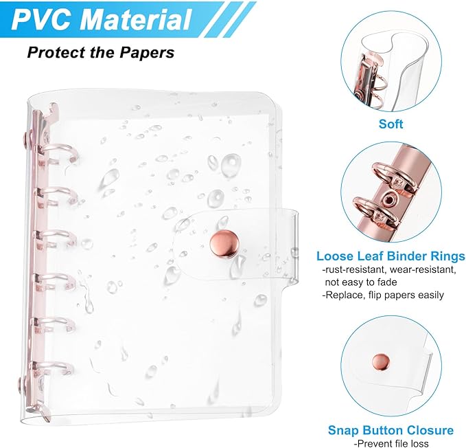 PATIKIL A7 Clear Binder Cover, Soft PVC Loose Leaf Binder Protector Refillable Notebook Shell with Snap Button Closure 6 Ring for DIY Meeting Notebook Folder, Rose Gold