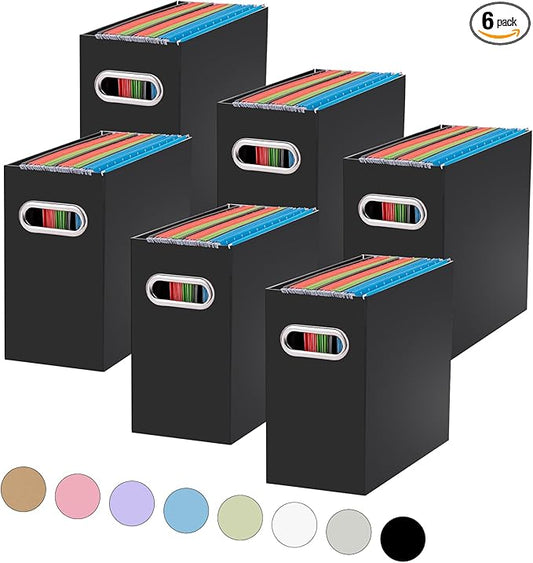 Oterri File Organizer, Small Storage Box, Cardboard File Folder Organizer, Collapsible File Box, Hanging File Organizer for Letter Size, Portable File Box with Handle, Only Box（Black，6 Packs）