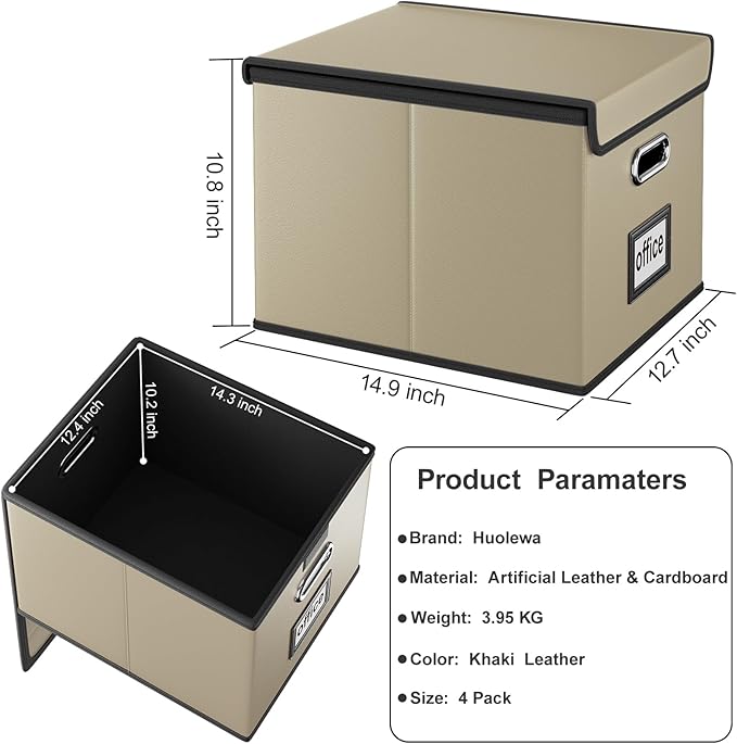 Huolewa Upgraded Portable Leather File Organizer Boxes with Lids, Office Document Boxes Organizer, Filing Boxes, Decorative Small File Boxes for Hanging Files with Plastic Slide for Office/Decor/Home