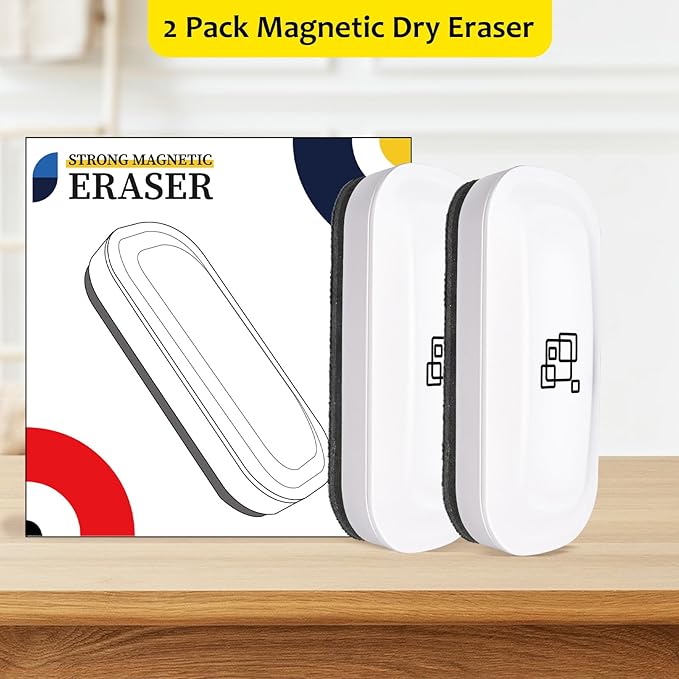 maxtek Magnetic Dry Erase Eraser, Glass Board Erasers, 2 Pack, Whiteboard Eraser for Dry Erase Board, Glass Board, Calendar Board, Office and School Supplies (Pure White)