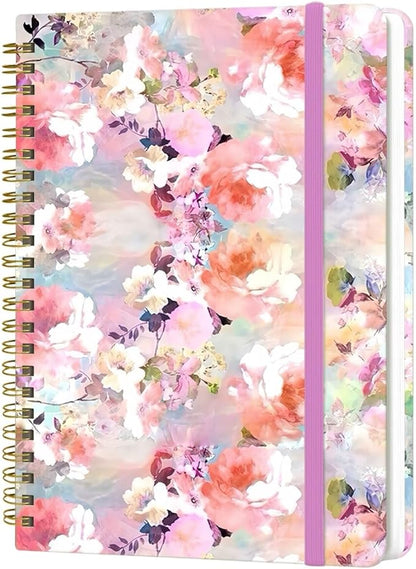 Spiral Notebook - A5 Spiral Notebooks, 8.3'' × 5.8'', 160 Pages, Aesthetic Journaling Notebooks for Women, College Lined Notebook with Elastic Closure, Back Pocket, for School Office, Pink Flower