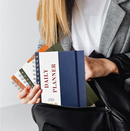 Undated Daily Planner,Undated Planner with Hourly Schedules, Daily Organizer Notebooks for work, Spiral Appointment Planner for Men and Wome, To Do List Notebook for Time Management, Elastic Closure, Pocket(Navy Blue)