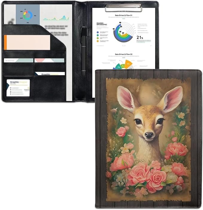 Deer Floral Portfolio Folder Leather Padfolio with A4 Size Clipboard Clip for Business Interview Resume Document Sleeve Binder Folder for Men/Women