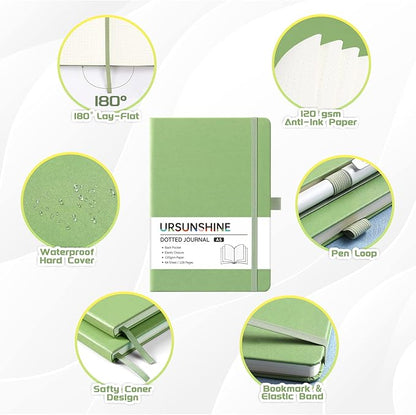 Dotted Journal/Notebook - Dot Grid Hard Cover Notebook, Premium Thick Paper with Fine Inner Pocket, Black Smooth Faux Leather, Pen Loop, 5.3'' x 8.26'' - Light Green