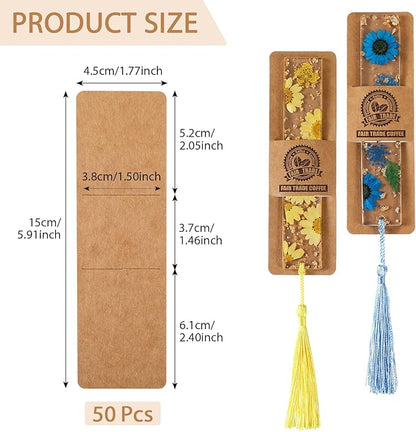 Fumete 50 Pieces Resin Bookmark Holder 5.9 x 1.8 Inches Kraft Sleeves DIY Bookmarks Display Cards for Wrapping Small Business Packaging Supplies Party Favor Gift (Brown, Cute)