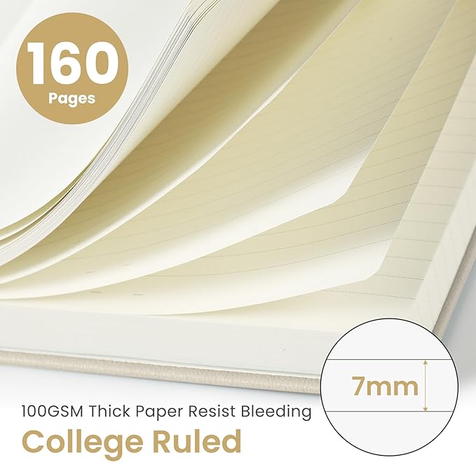 Lined Journal Notebook for Women & Men, Hardcover Leather Journal for writing, A5 College Ruled Notebook for Work & Note Taking, Perfect for Office School Home Supplies, 160 Pages, Beige Grey
