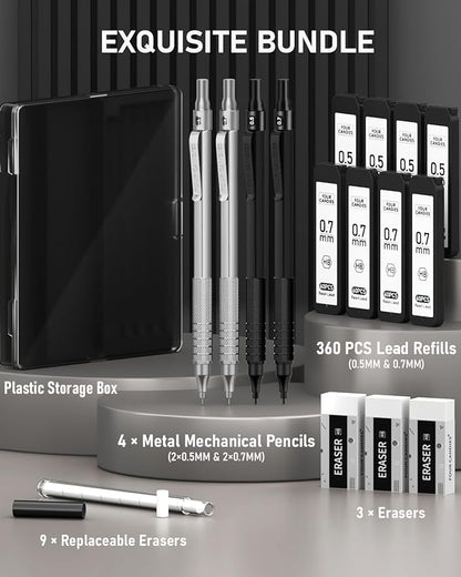 Four Candies 4PCS Metal Mechanical Pencils Set with Case, 0.5mm & 0.7 mm Artist Pencil with 8 Tubes (480PCS) HB Lead Refills, 3 Erasers,9 Eraser Refills For Writing Drafting, Drawing, Black&Silver