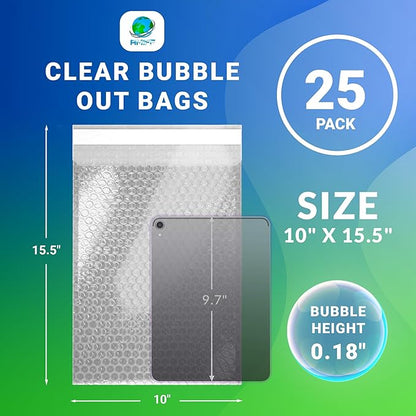 Clear Bubble Out Bags, 10 x 15.5 Inches. 25 Pack Self Seal Bubble Pouches. Polyethylene Clear Bubble Bags for Packing. Waterproof Clear Bubble Out Pouches for Fragile Things