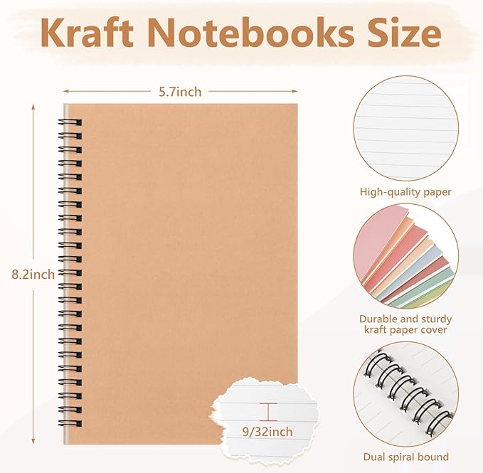 Fuutreo 24 Pcs Spiral Notebook for Work A5 8.3 x 5.7 Inch College Ruled Spiral Journal Notebook Kraft Cover, 12 Color, 60 Sheets, 120 Pages for Office School Supplies(Earthy Color)