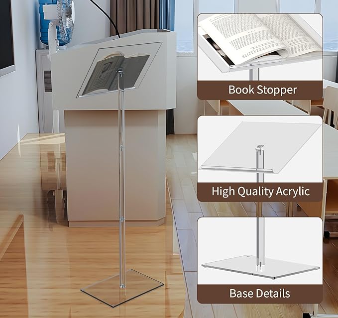Baoz Acrylic Podium, Angle Adjustable Podium Stand Clear Speaking Podium Lecterns & Podiums for Speech Weddings Concert Church Classroom