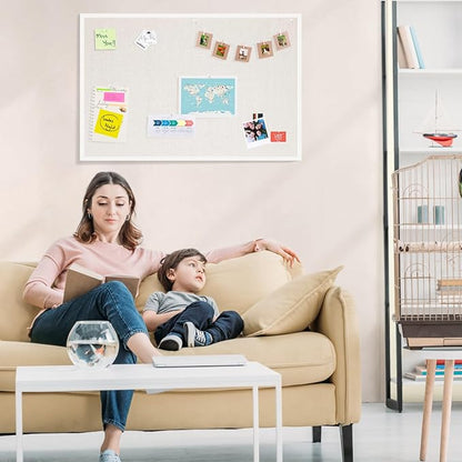 OWLKELA 24'' x 36'' Linen Bulletin Board, White Framed Corkboard, White Oak Frame Linen Cork Board, Vision Board and Decorative Hanging Pin Board