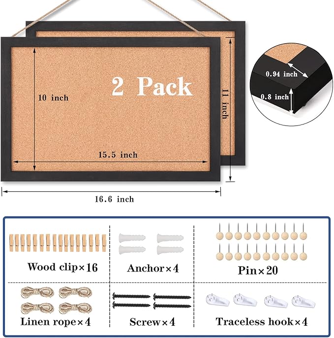 Miratino 2-Pack Cork Board Bulletin Board, 16x11 Inches Wooden Frame Pin Board, Cute Cork Boards for Walls Hanging for Office, Home Decor, School (Pins, Clips, Strings) Black