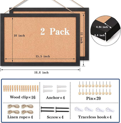 Miratino 2-Pack Cork Board Bulletin Board, 16x11 Inches Wooden Frame Pin Board, Cute Cork Boards for Walls Hanging for Office, Home Decor, School (Pins, Clips, Strings) Black