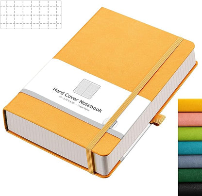 AHGXG Graph Paper Notebook - 320 Pages Grid Notebook Thick Journal A5, 100gsm Thick Graph Paper, Leather Hardcover, Inner Pocket,5.75'' × 8.38''- Yellow