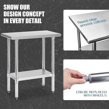 Hally Stainless Steel Table for Prep & Work 30 x 15 Inches, NSF Commercial Heavy Duty Table with Undershelf and Galvanized Legs for Restaurant, Home and Hotel