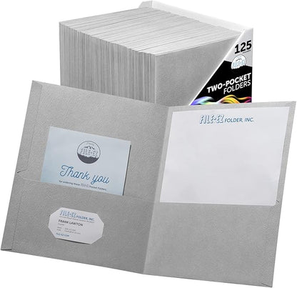 FILE-EZ Two-Pocket Folders, Gray, 125-Pack, Textured Paper, Letter Size (EZ-32430)