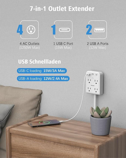Flat Plug Outlet Extender with 3 USB Wall Plug(1 Type C), 4 AC Socket Wall Adapter, Electrical Outlet Extender, Power Strip Surge Protection with 8 ft Thin Extension Cord. White