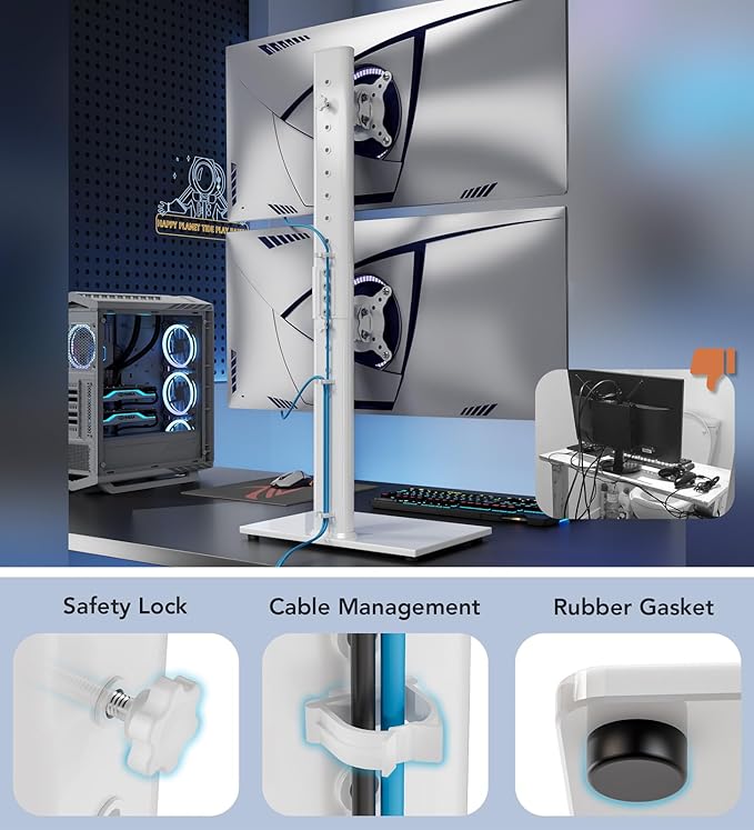 Dual Monitor Stand - Vertical Stack Screen Free-Standing Monitor Riser Fits Two 13 to 34 Inch Screen with Swivel, Tilt, Height Adjustable, Holds One (1) Screen up to 44Lbs HT05W-002 White