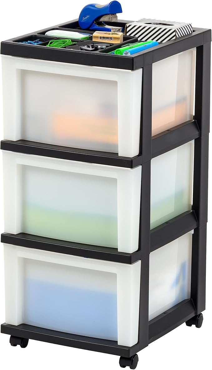 IRIS USA Plastic Drawer Storage Organizer Rolling Cart, with Wheels Casters, 3-Drawers, for Classroom Art Craft Supplies Dresser Closet Bathroom Dorm Bedroom Laundry Room, Black/ Pearl