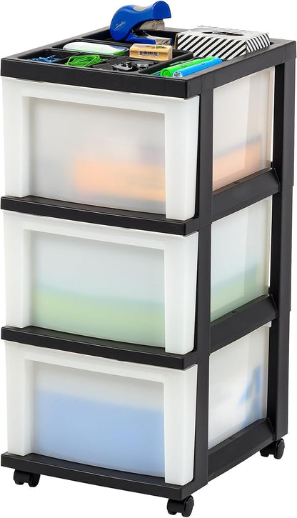 IRIS USA Plastic Drawer Storage Organizer Rolling Cart, with Wheels Casters, 3-Drawers, for Classroom Art Craft Supplies Dresser Closet Bathroom Dorm Bedroom Laundry Room, Black/ Pearl