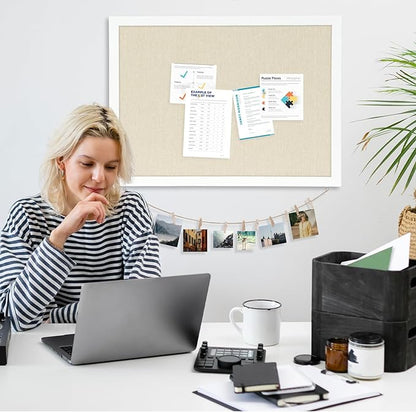 DOLLAR BOSS Cork Board Bulletin Board with Linen Double-Sided 24" x 18" Linen Corkboards for Walls Picture Display Vision Board for Office Home School Framed Picture Pin Board, 20 Pushpins 10 Clips
