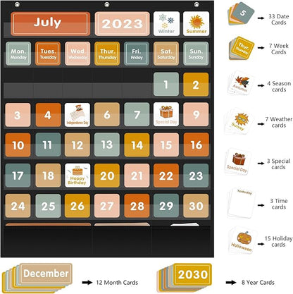 REGELETO Boho 46+3 Pockets Calendar Pocket Chart with 92 Cards for Classroom,Large Size: 28.75 x 24 inch Black Monthly Calendar and Weather Pocket Chart for Kids Learning for Home or Kindergarten