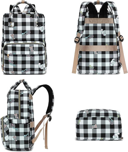 Checkered Laptop Backpack College Bookbag School Backpack for Women Girls, Travel Backpack 15.6 Inch Computer Backpacks (Bear Rabbit Black)