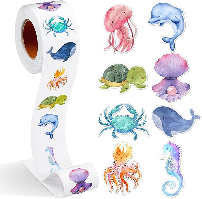 1 Roll Animal Stickers Reward Cute Space Stickers Office Supplies Incentives Sticker Animal Party Favor Decal, 500 Pcs Each Roll(Aquatic Creatures)