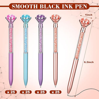 Sherr 100 Pack Big Crystal Diamond Pens Cute Ballpoint Pens Retractable Ballpoint Rhinestones Crystal Bling Gem Plated Black Gel Ink Office Supplies Gifts for Women(Cute,Glitter)