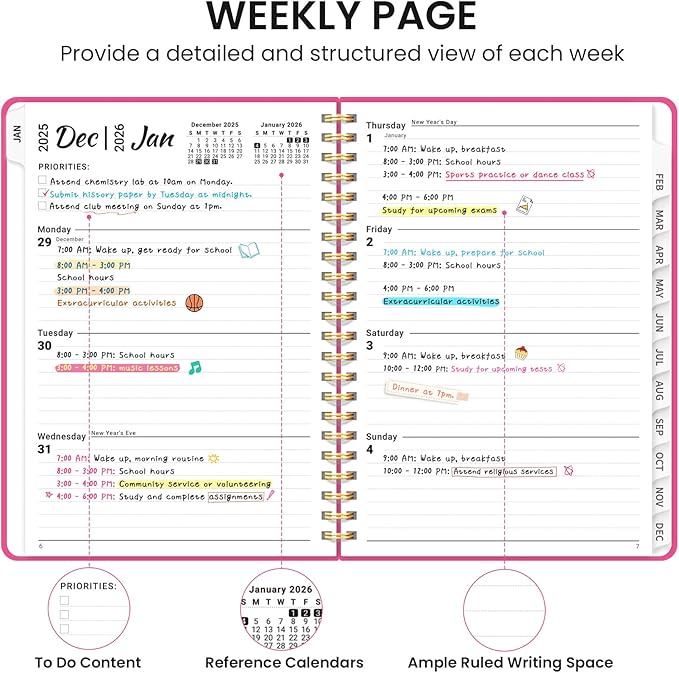 2026 Planner, Weekly and Monthly Calendar Planner, January 2026 - December 2026, Hardcover 2026 Calendar Planner Book with Tabs For Women & Men, Inner Pocket, Spiral Bound, Perfect for Office Home School Supplies - A4 (8.5" x 11"), Berry Pink