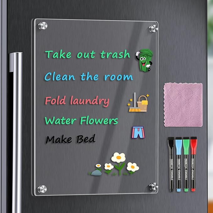 MaxGear 11"x14" Acrylic Dry Erase Board, Small Clear Magnetic Fridge WhiteBoard Mini Acrylic Memo Notepad for Refridgerator, Kitchen Menu Board Meal Planner Schedule Board, Include 4 Markers, 1 Cloth