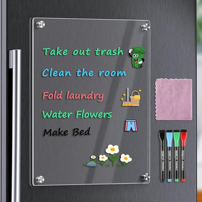 MaxGear 11"x14" Acrylic Dry Erase Board, Small Clear Magnetic Fridge WhiteBoard Mini Acrylic Memo Notepad for Refridgerator, Kitchen Menu Board Meal Planner Schedule Board, Include 4 Markers, 1 Cloth