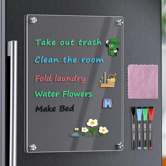 MaxGear 11"x14" Acrylic Dry Erase Board, Small Clear Magnetic Fridge WhiteBoard Mini Acrylic Memo Notepad for Refridgerator, Kitchen Menu Board Meal Planner Schedule Board, Include 4 Markers, 1 Cloth
